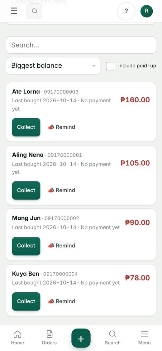 Utang list: total owed ₱433.00 by 4 customers, biggest balance first, with Collect and Remind buttons